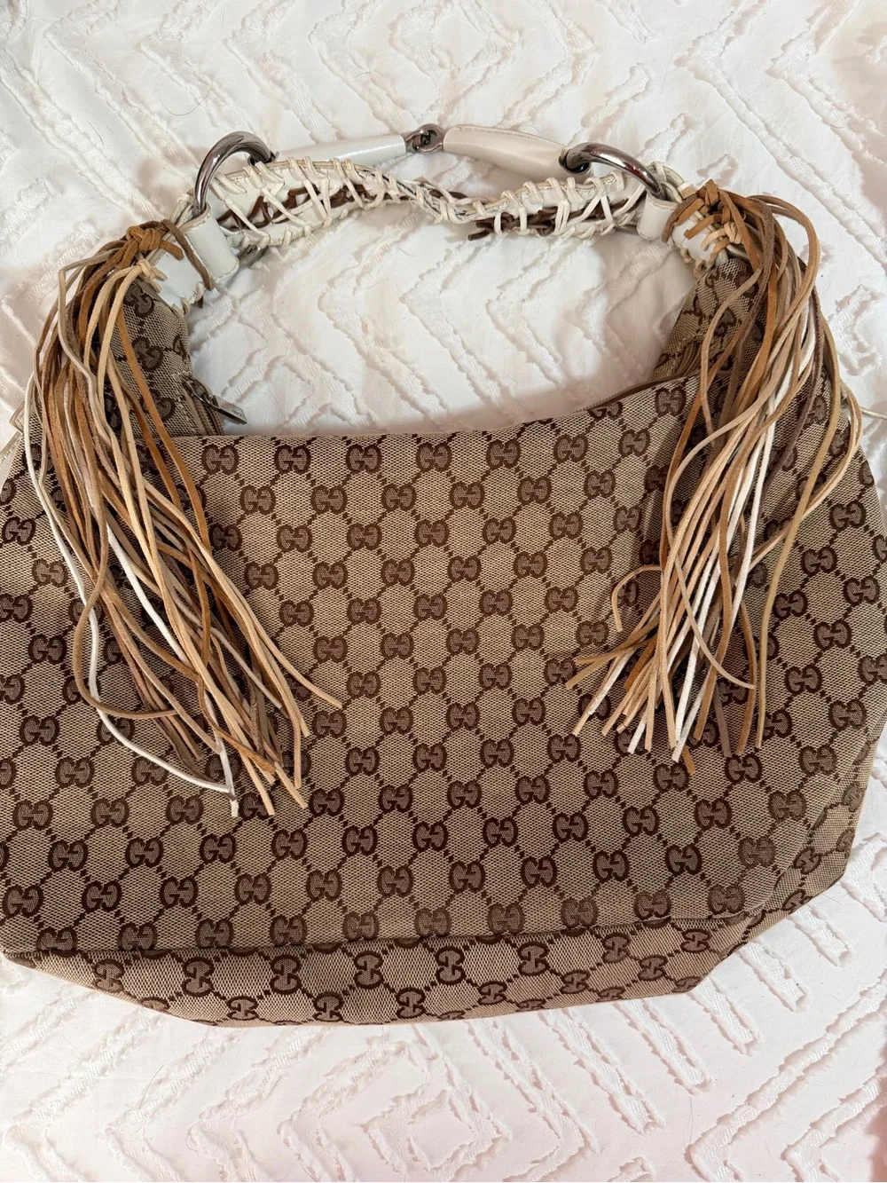 Gucci repurposed Beige Brown GG Monogram Fringe Shoulder Bag